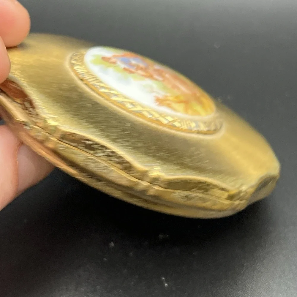 Vintage Gold Tone Compact Ceramic Courting Couple Plate‎ Signed Fragonard